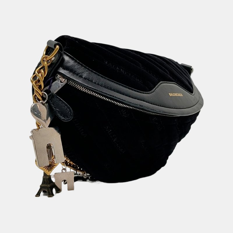 BALENCIAGA Souvenirs黑色絲絨斜挎包腰包/胸包金色銀色五金-3