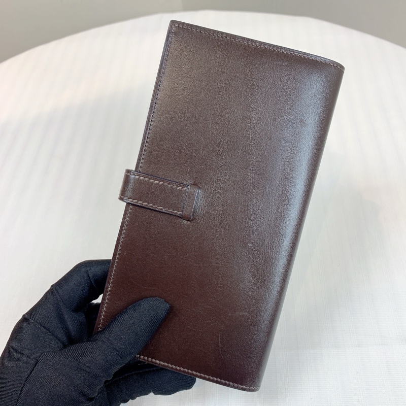 愛馬仕/Hermes Bearn金扣棕色長款兩折錢包皮夾 Box皮革 配件：盒子，發票，日本鑒定證書 17.5x2x9cm-2