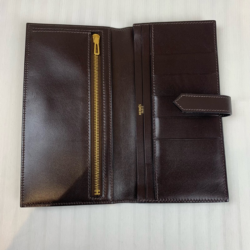 愛馬仕/Hermes Bearn金扣棕色長款兩折錢包皮夾 Box皮革 配件：盒子，發票，日本鑒定證書 17.5x2x9cm-7
