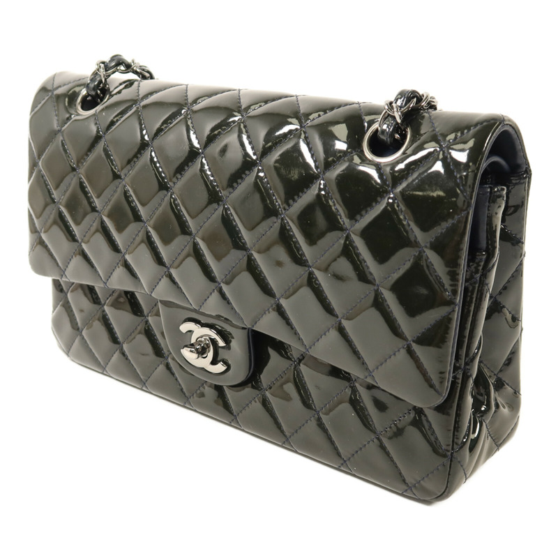 CHANEL 漆皮皮革Classic Medium銀扣鏈帶肩背袋-2