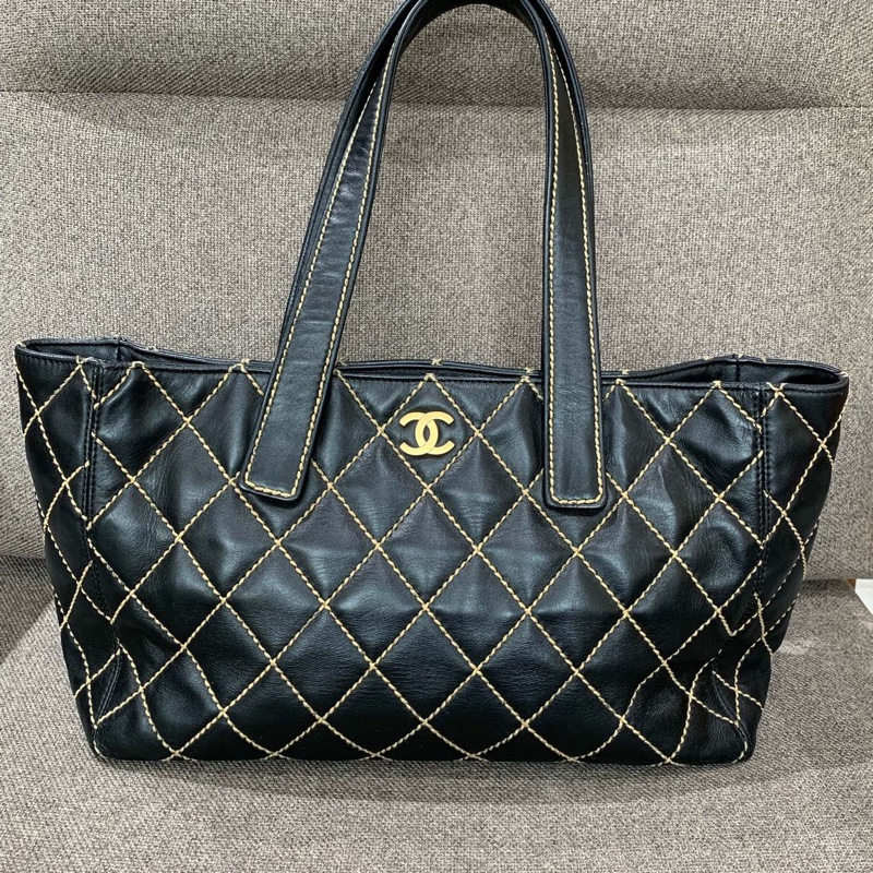 Chanel香奈兒 外縫線黑金配色托特大號 高23 底長36-0