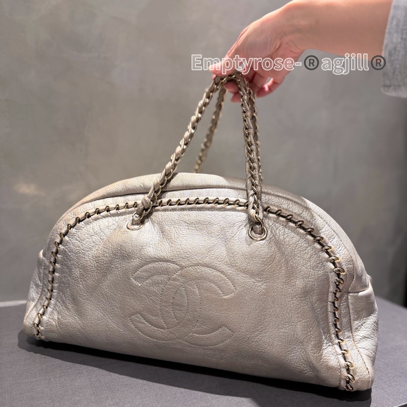 CHANEL 波士頓/保齡球包 旅行包機場包✈️香檳金牛皮手提肩背包-9