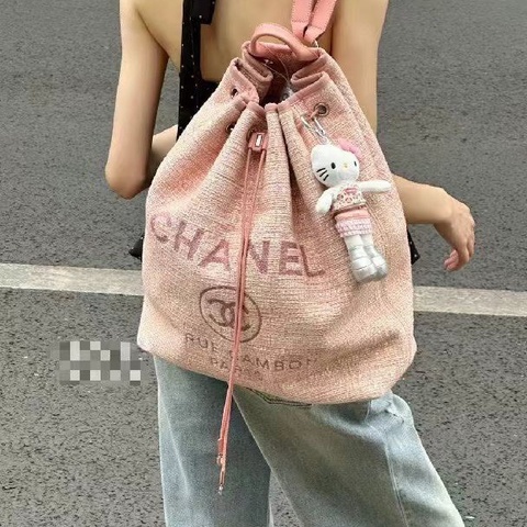 CHANEL 毛呢 沙灘系列 後背包西柚粉33*39*15 98新配件塵袋
