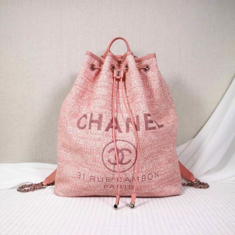 CHANEL 毛呢 沙灘系列 後背包西柚粉33*39*15 98新配件塵袋-1