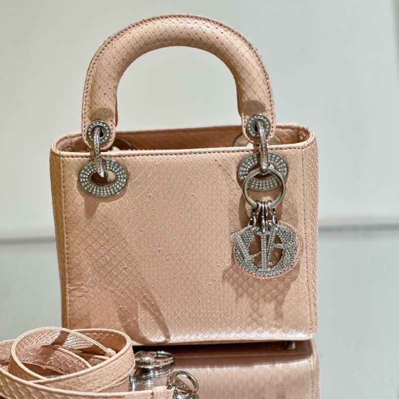 DIOR LADY DIOR MINI 鑽扣黛妃三格 蛇皮 手提肩背包20*17 藕粉色淡粉色  98新配件肩帶保卡盒子塵袋-2