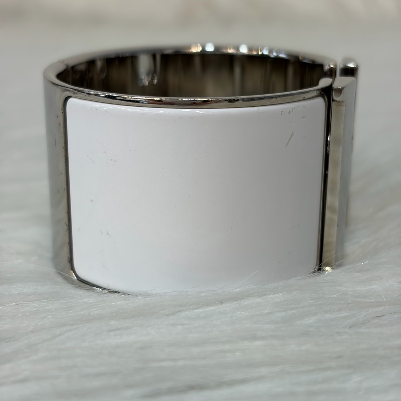 HERMES 銀色 白金色 白 琺瑯 POP H LOGO PM 寬版 手環 手鐲-2