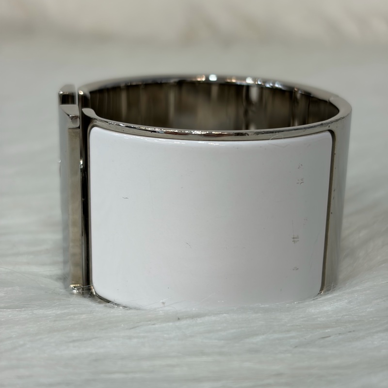 HERMES 銀色 白金色 白 琺瑯 POP H LOGO PM 寬版 手環 手鐲-3