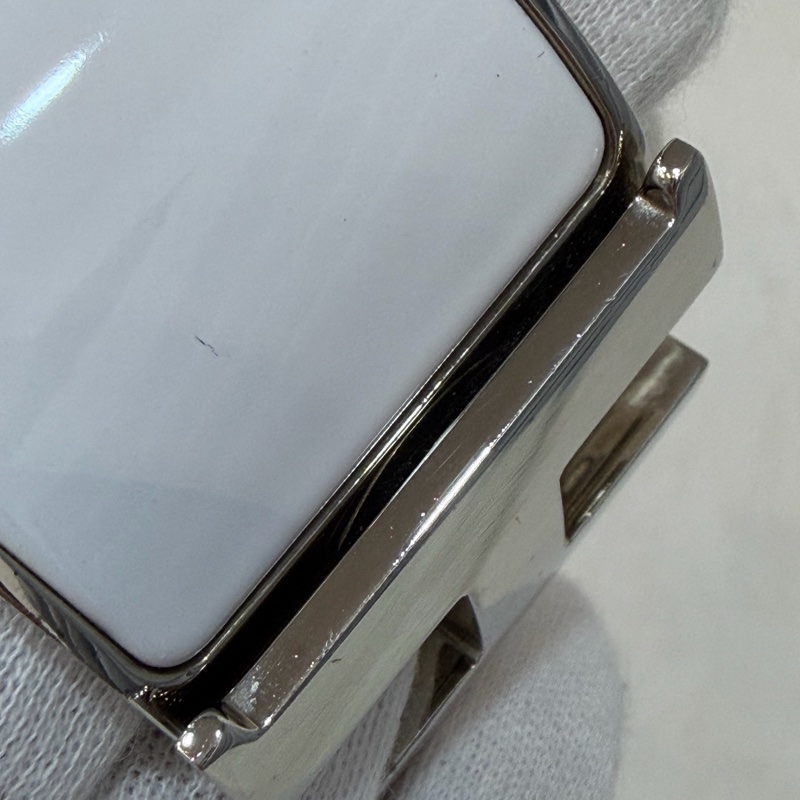 HERMES 銀色 白金色 白 琺瑯 POP H LOGO PM 寬版 手環 手鐲-11