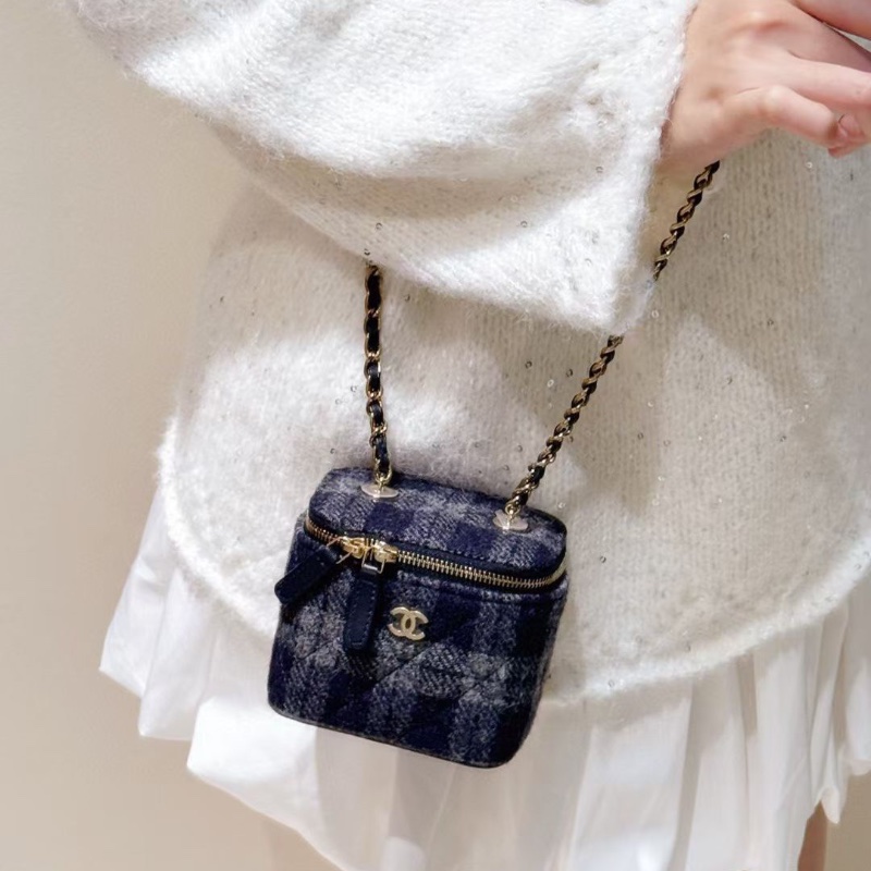 Chanel 海軍藍灰色 毛呢拼皮 mini 化妝盒 7*9*10cm 99新配件塵袋盒子-0