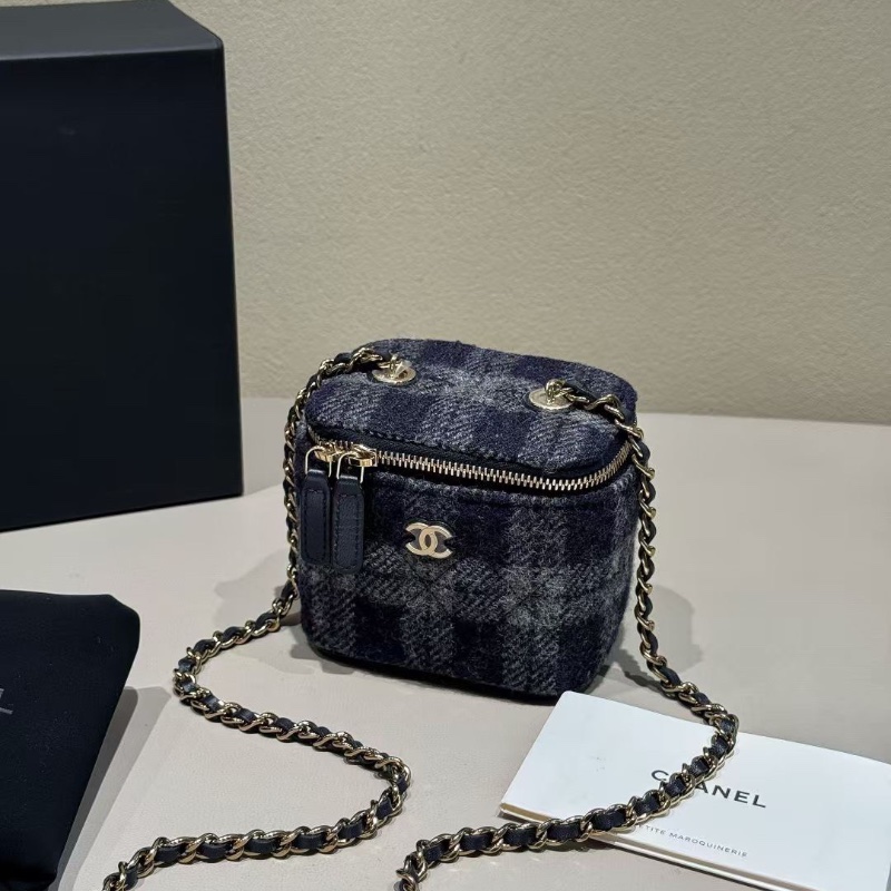 Chanel 海軍藍灰色 毛呢拼皮 mini 化妝盒 7*9*10cm 99新配件塵袋盒子-1