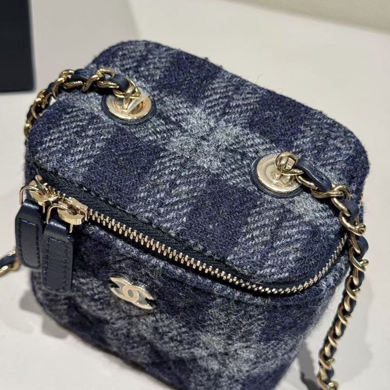 Chanel 海軍藍灰色 毛呢拼皮 mini 化妝盒 7*9*10cm 99新配件塵袋盒子-2
