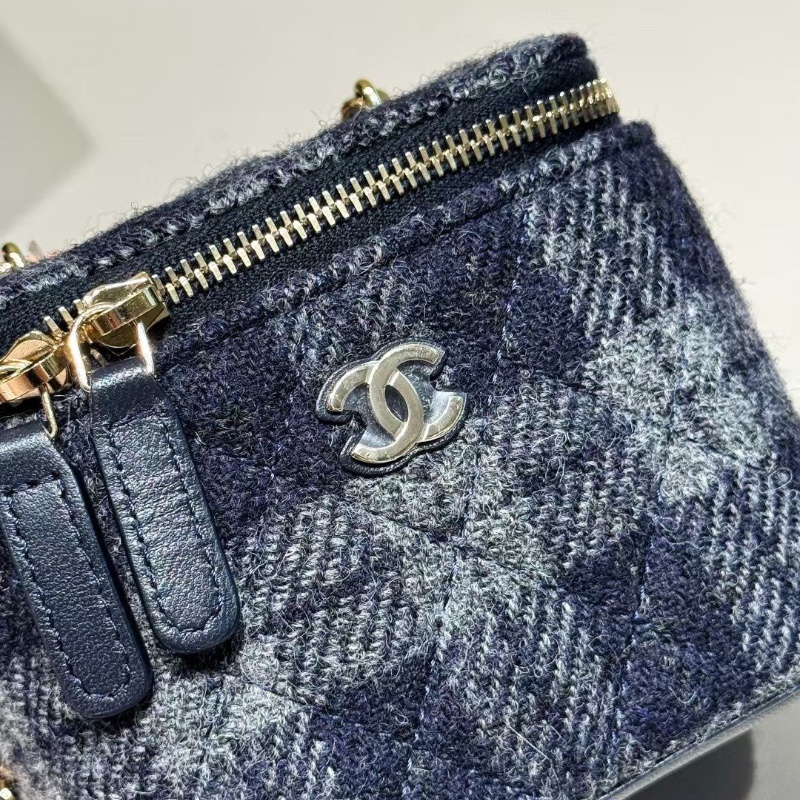 Chanel 海軍藍灰色 毛呢拼皮 mini 化妝盒 7*9*10cm 99新配件塵袋盒子-3