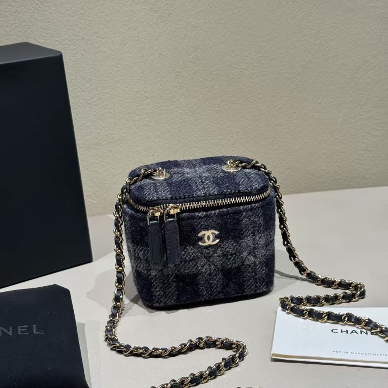 Chanel 海軍藍灰色 毛呢拼皮 mini 化妝盒 7*9*10cm 99新配件塵袋盒子-5