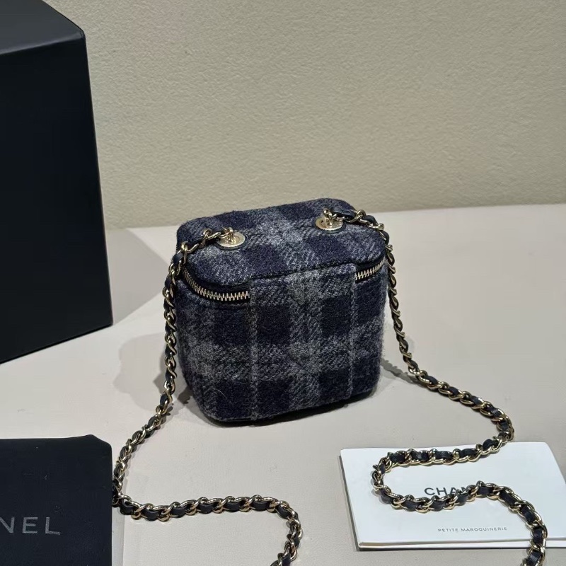Chanel 海軍藍灰色 毛呢拼皮 mini 化妝盒 7*9*10cm 99新配件塵袋盒子-6