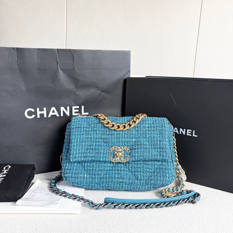 Chanel粗毛呢19bag小號鏈條包芯片款 藍色金扣 26*18*9 98新配件購證 塵袋 盒子 說明書-1