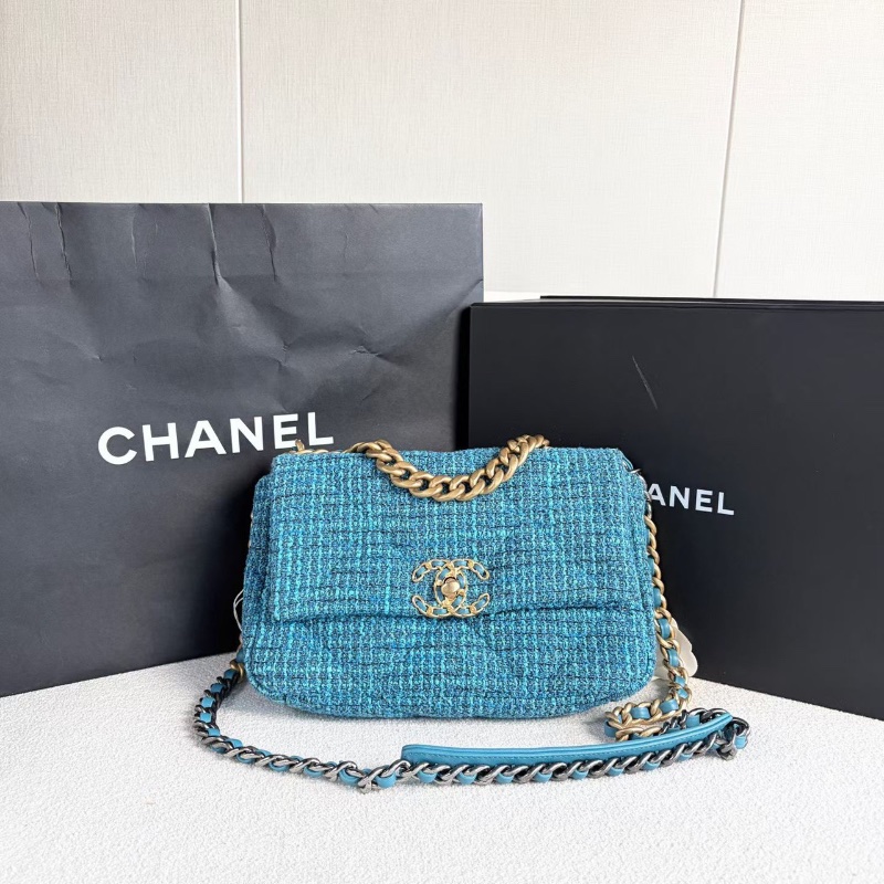 Chanel粗毛呢19bag小號鏈條包芯片款 藍色金扣 26*18*9 98新配件購證 塵袋 盒子 說明書-5