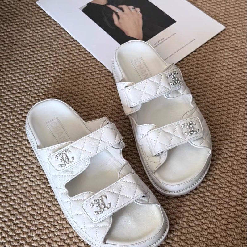Chanel香奈兒白色雙Clogo 新款魔術貼涼拖鞋38碼-5