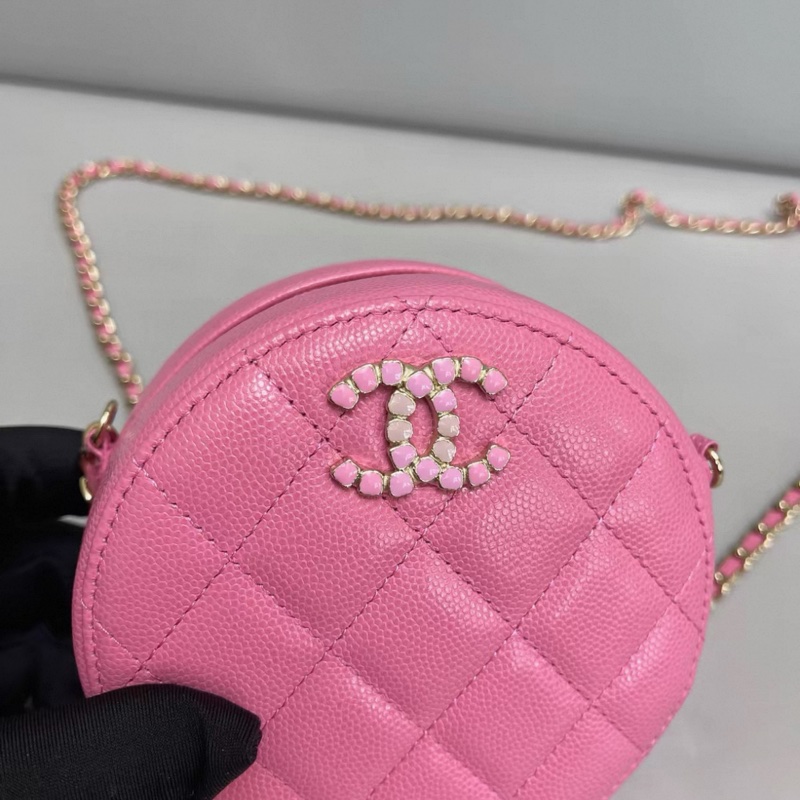 Chanel香奈兒 粉色荔枝紋寶石雙C鏈條圓餅包-0
