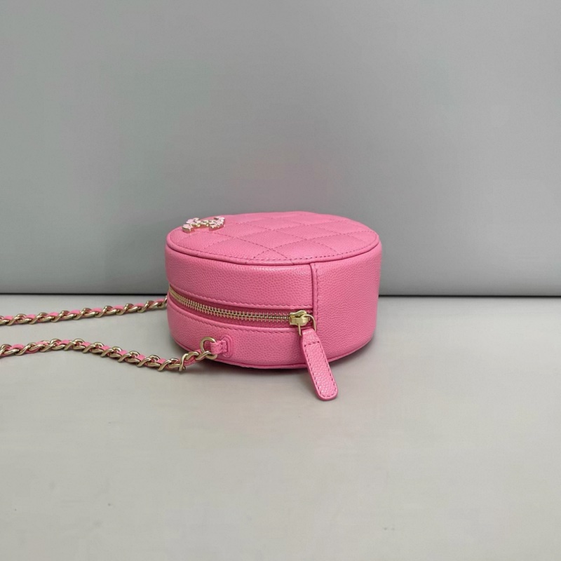 Chanel香奈兒 粉色荔枝紋寶石雙C鏈條圓餅包-2