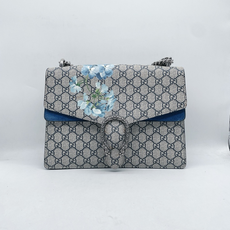 古馳/Gucci 天竺葵藍花卉大號酒神鏈條包，尺寸：30*22cm，附件：塵袋-0