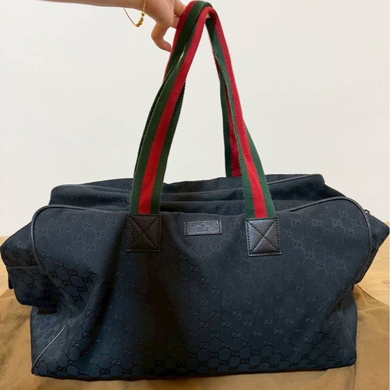 Gucci 古馳 紅綠條紋 黑色 帆布 手提包 登機袋 旅行袋 登機包 肩背包-0