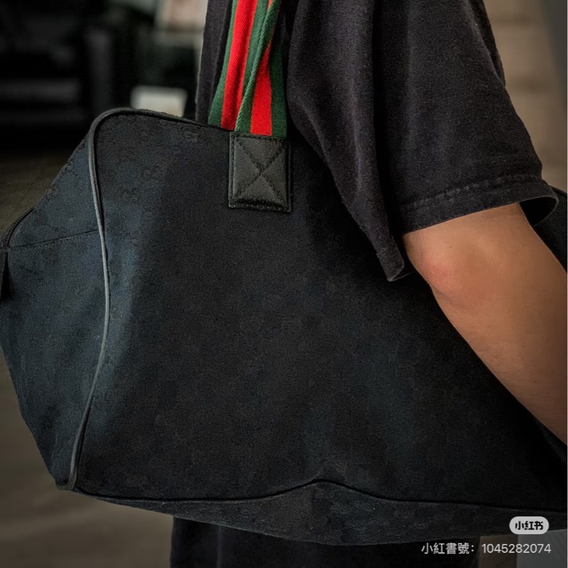 Gucci 古馳 紅綠條紋 黑色 帆布 手提包 登機袋 旅行袋 登機包 肩背包-1