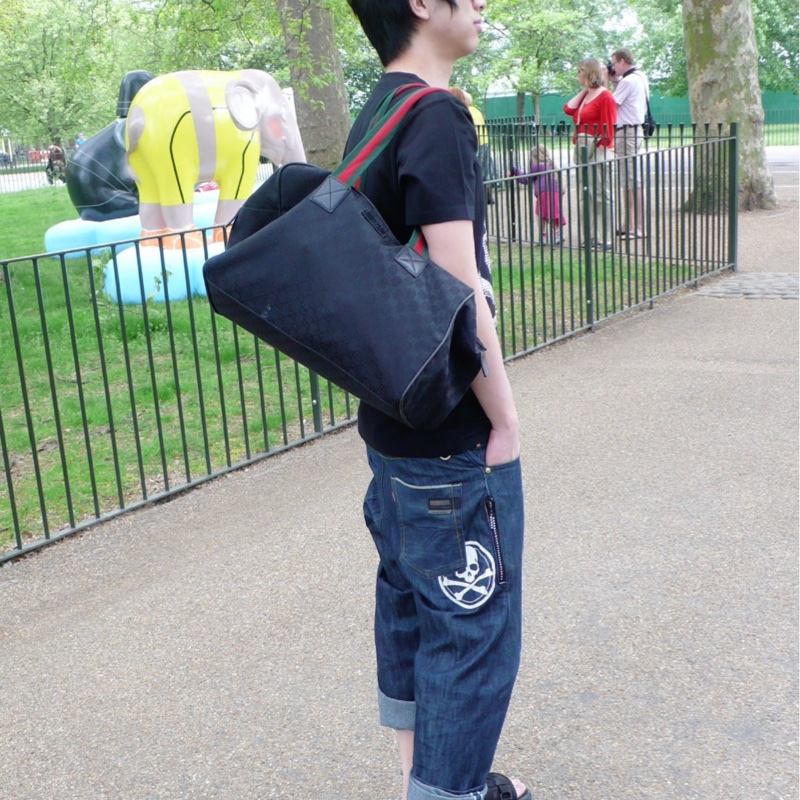 Gucci 古馳 紅綠條紋 黑色 帆布 手提包 登機袋 旅行袋 登機包 肩背包-4