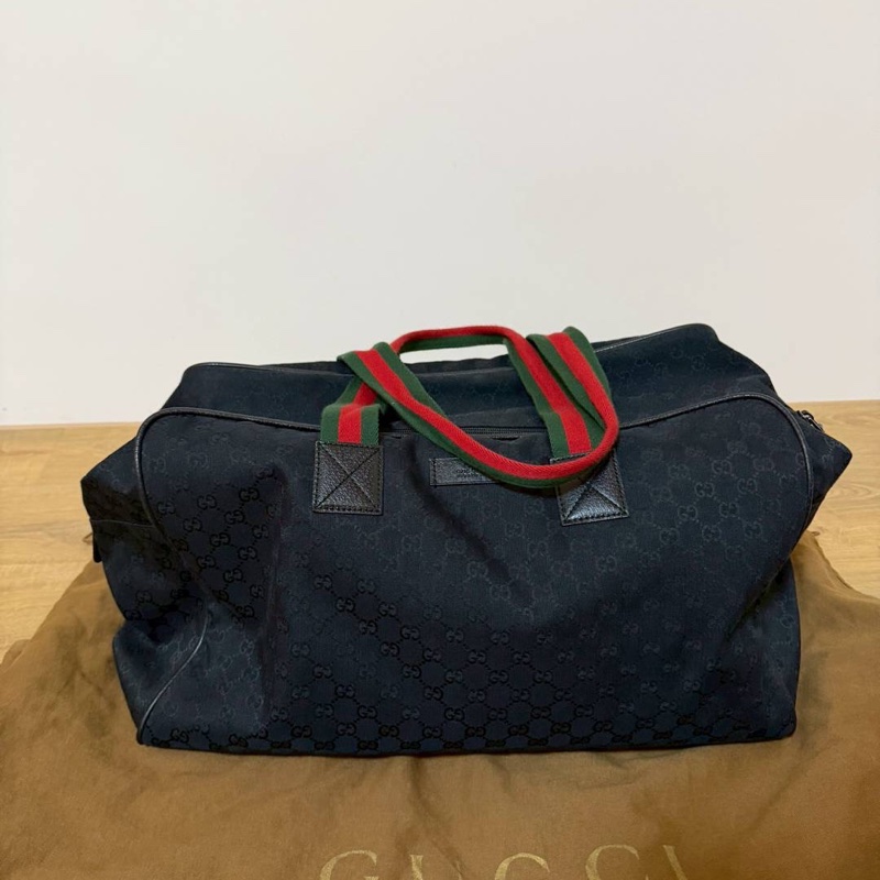Gucci 古馳 紅綠條紋 黑色 帆布 手提包 登機袋 旅行袋 登機包 肩背包-5