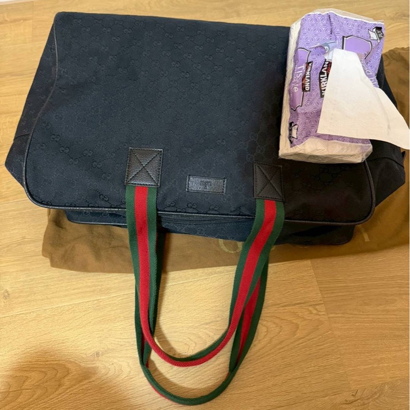 Gucci 古馳 紅綠條紋 黑色 帆布 手提包 登機袋 旅行袋 登機包 肩背包-7
