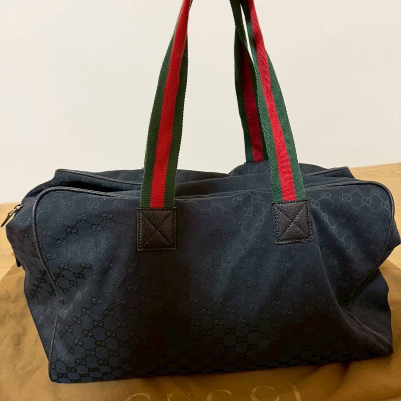 Gucci 古馳 紅綠條紋 黑色 帆布 手提包 登機袋 旅行袋 登機包 肩背包-11