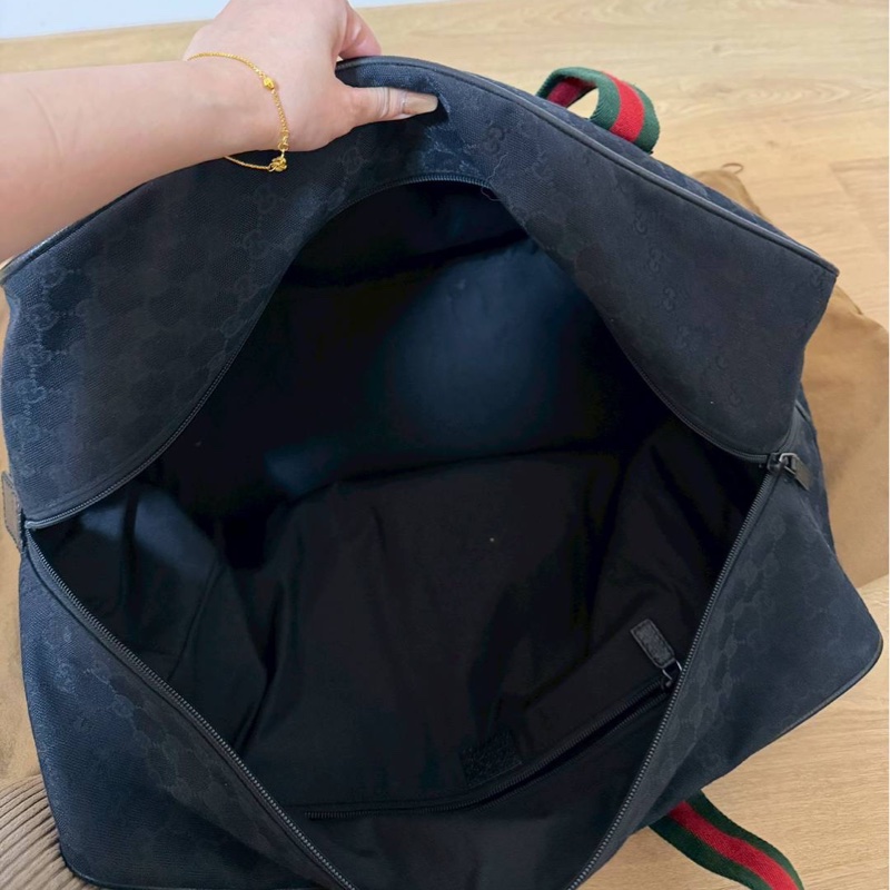 Gucci 古馳 紅綠條紋 黑色 帆布 手提包 登機袋 旅行袋 登機包 肩背包-12