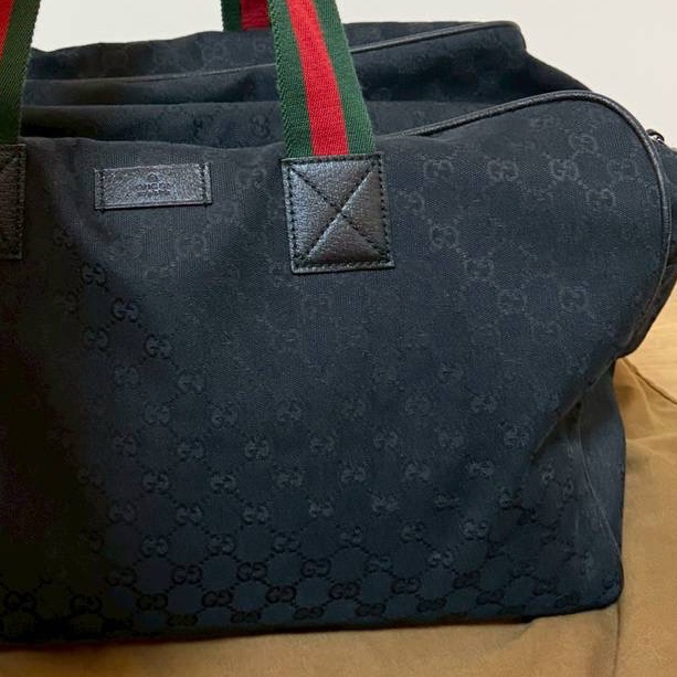 Gucci 古馳 紅綠條紋 黑色 帆布 手提包 登機袋 旅行袋 登機包 肩背包-14