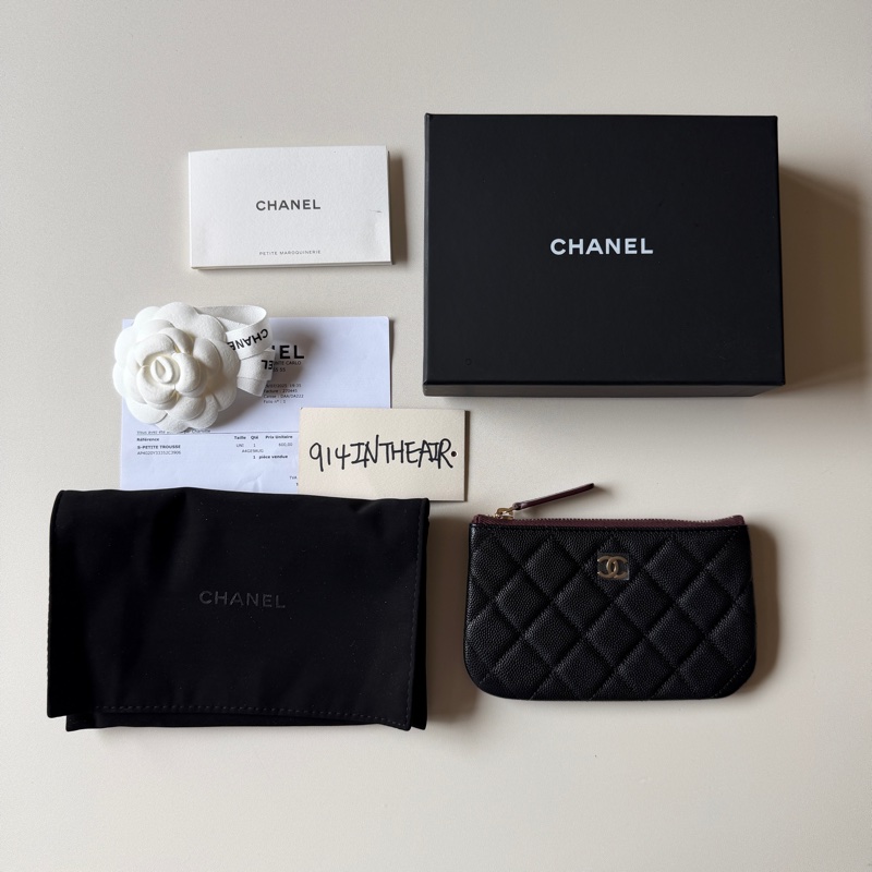 914intheair精品代購『全新全配』Chanel 黑金菱格紋一字拉鏈零錢包 卡包-2
