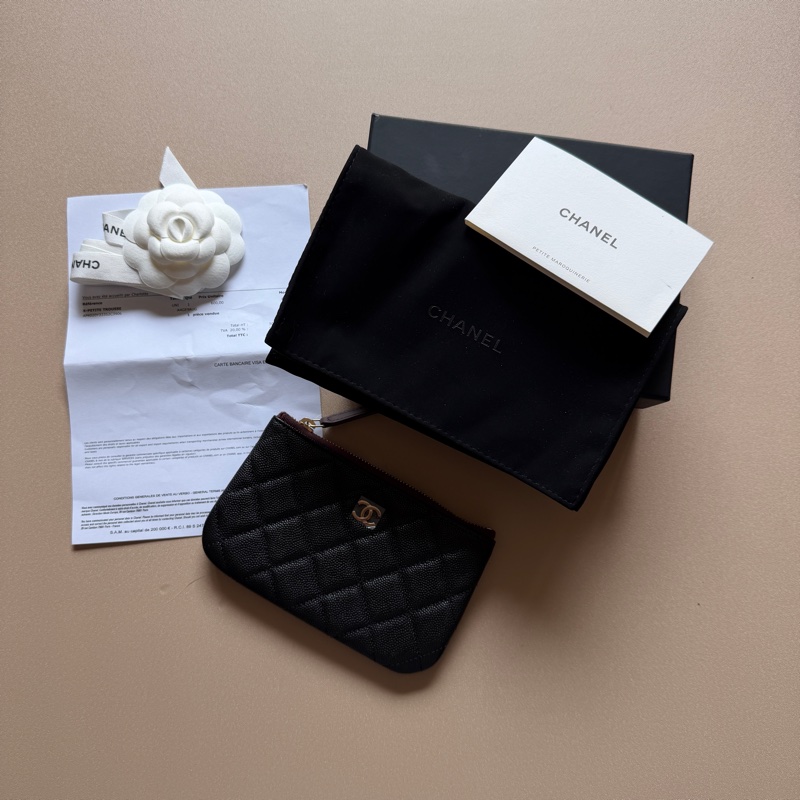 914intheair精品代購『全新全配』Chanel 黑金菱格紋一字拉鏈零錢包 卡包-3