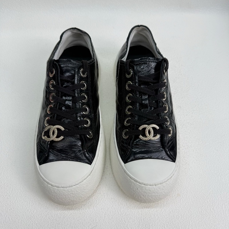 CHANEL香奈兒 皮革 25新款 油蠟皮雙Clogo 黑色  37.5碼-1