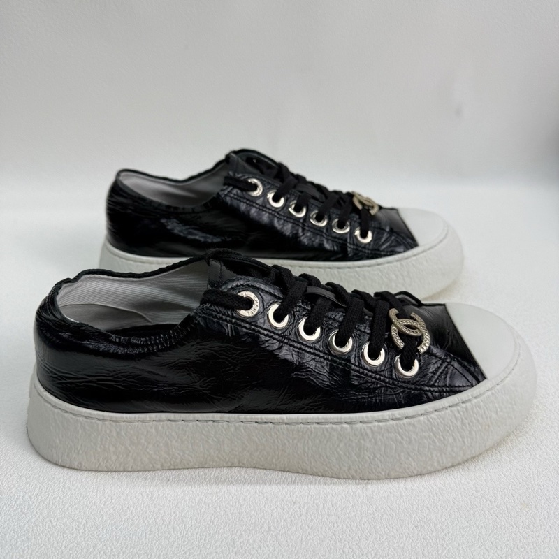 CHANEL香奈兒 皮革 25新款 油蠟皮雙Clogo 黑色  37.5碼-2