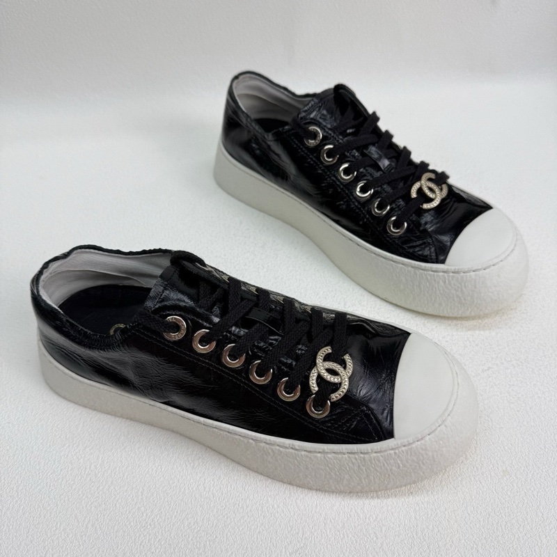 CHANEL香奈兒 皮革 25新款 油蠟皮雙Clogo 黑色  37.5碼-5