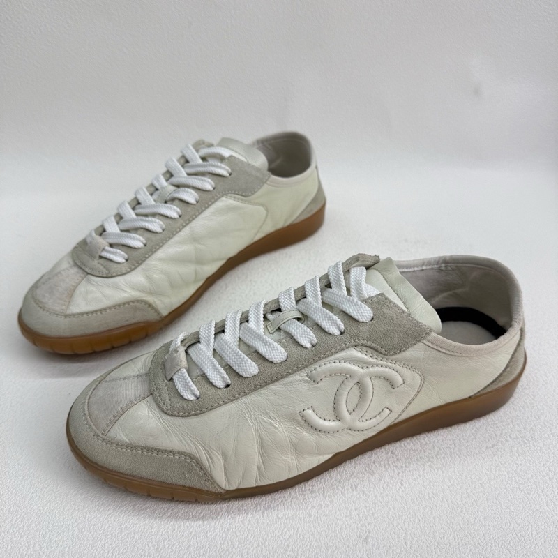 CHANEL香奈兒 24B德訓鞋生活休閒鞋白色褶皺皮質 37.5碼-0