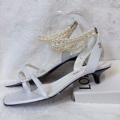 Chanel✨氣質珍珠可拆一字細帶涼鞋跟鞋 #38.5