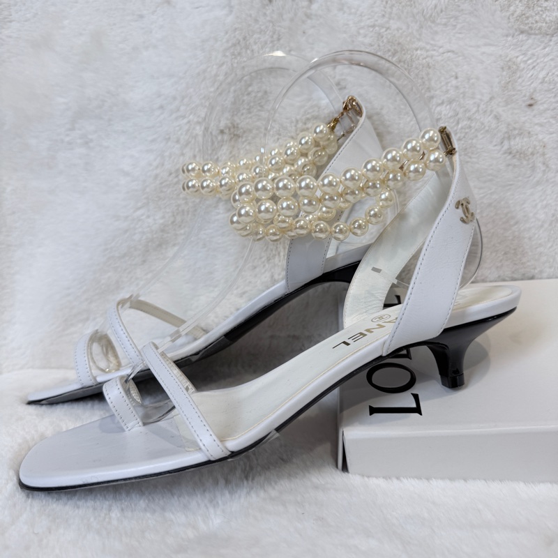 Chanel✨氣質珍珠可拆一字細帶涼鞋跟鞋 #38.5-0