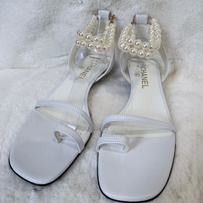 Chanel✨氣質珍珠可拆一字細帶涼鞋跟鞋 #38.5-2