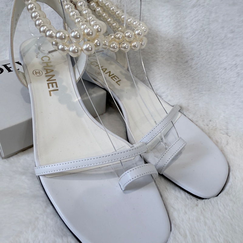 Chanel✨氣質珍珠可拆一字細帶涼鞋跟鞋 #38.5-7