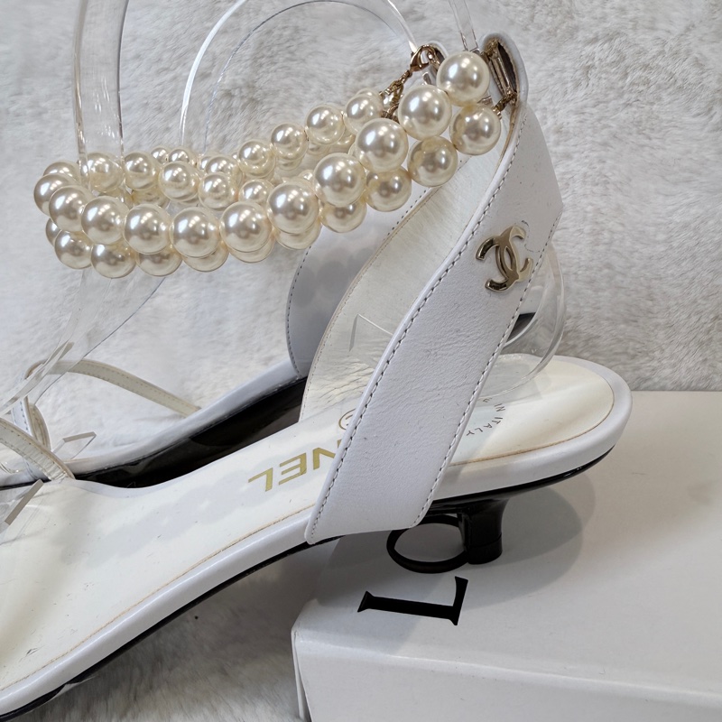 Chanel✨氣質珍珠可拆一字細帶涼鞋跟鞋 #38.5-13