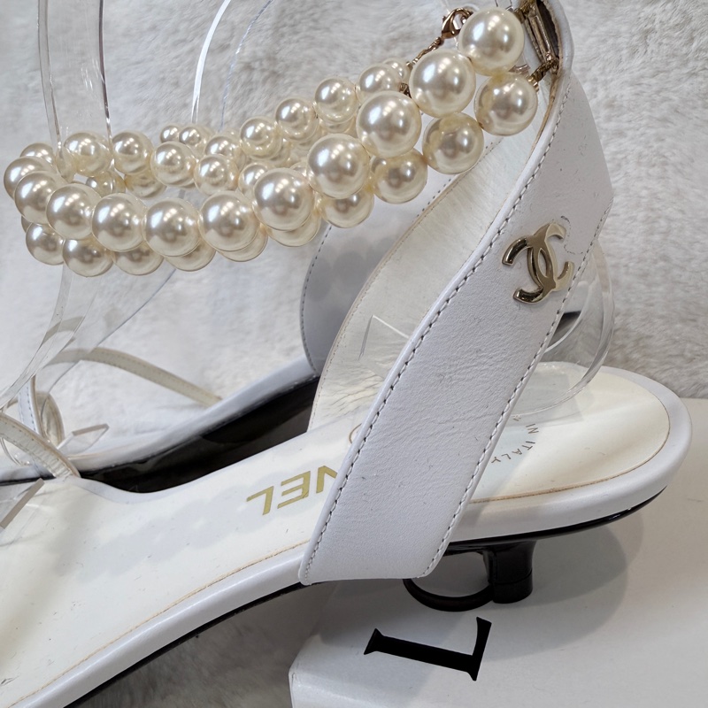 Chanel✨氣質珍珠可拆一字細帶涼鞋跟鞋 #38.5-14