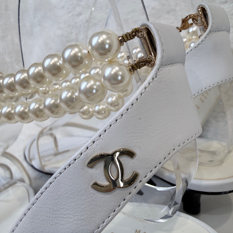 Chanel✨氣質珍珠可拆一字細帶涼鞋跟鞋 #38.5-18