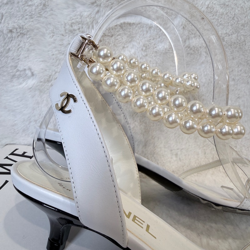 Chanel✨氣質珍珠可拆一字細帶涼鞋跟鞋 #38.5-22