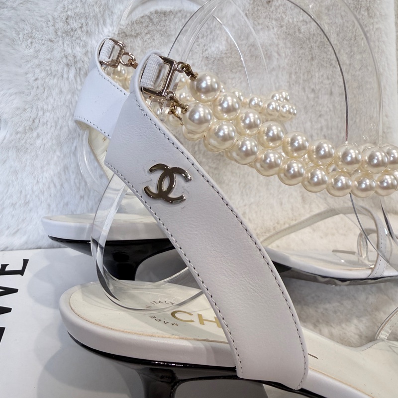 Chanel✨氣質珍珠可拆一字細帶涼鞋跟鞋 #38.5-23