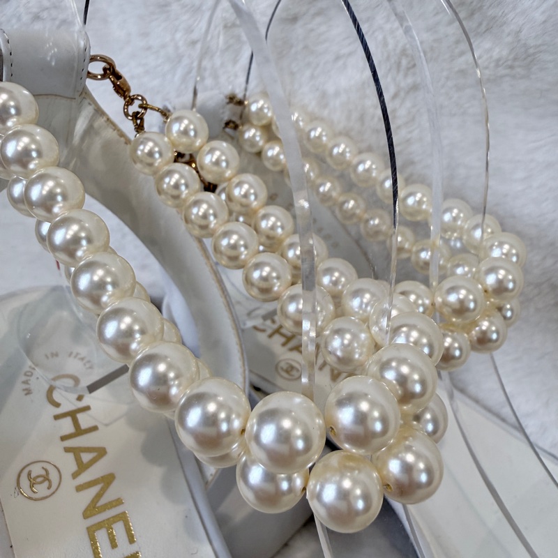 Chanel✨氣質珍珠可拆一字細帶涼鞋跟鞋 #38.5-25