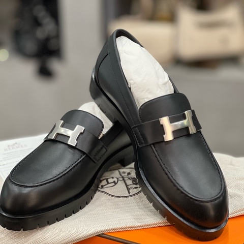 全新 HERMES愛馬仕 Faubourg 小牛皮 光面 圓頭套腳 樂福鞋 女款 黑色 35碼