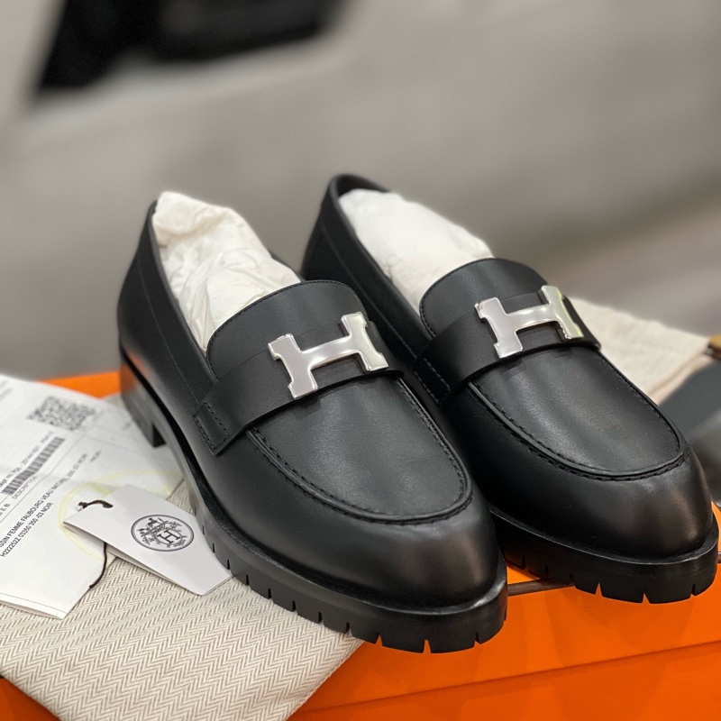 全新 HERMES愛馬仕 Faubourg 小牛皮 光面 圓頭套腳 樂福鞋 女款 黑色 35碼-1